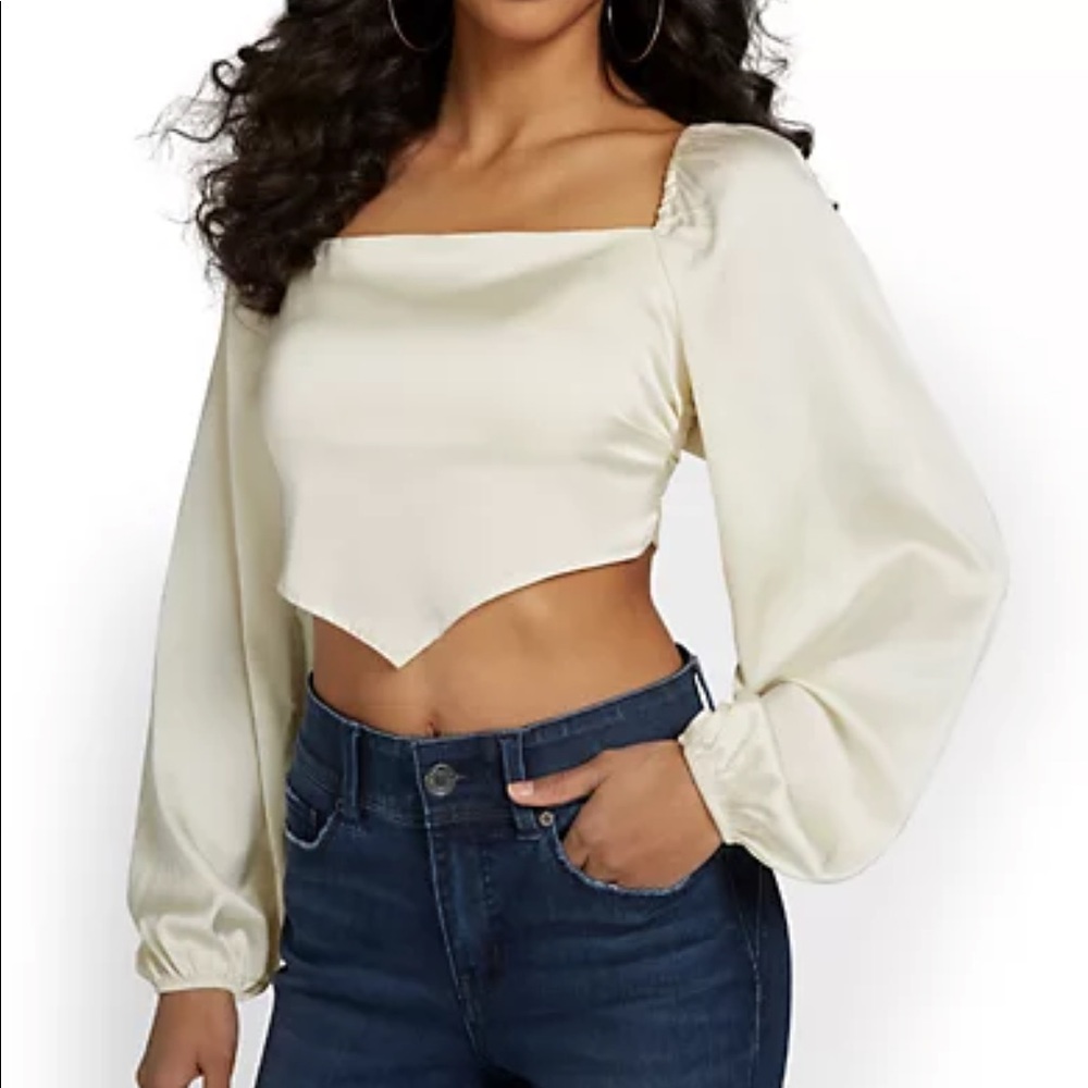 New York & Co. Emory Park Ivory Satin V-Front Blouse – Large